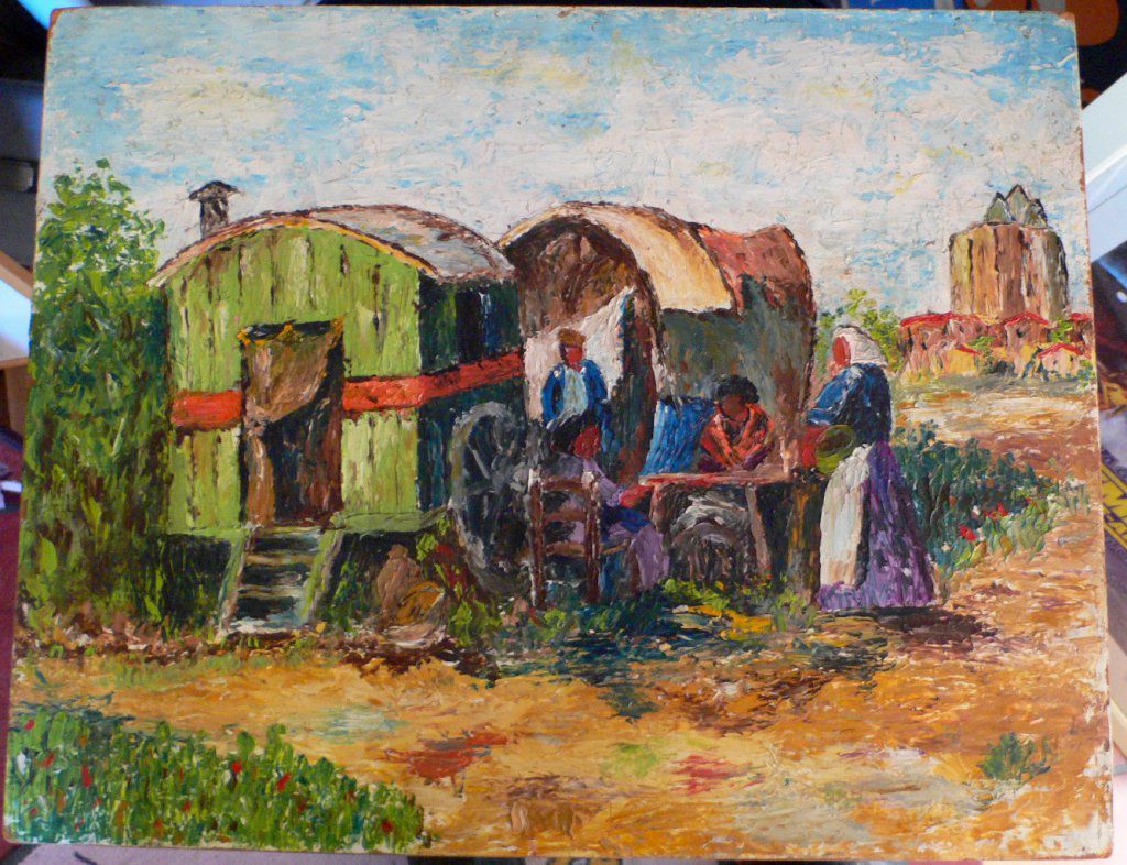 Campement Manouche aux Saintes-Maries-de la Mer Huile sur Bois 38 x 55 1958